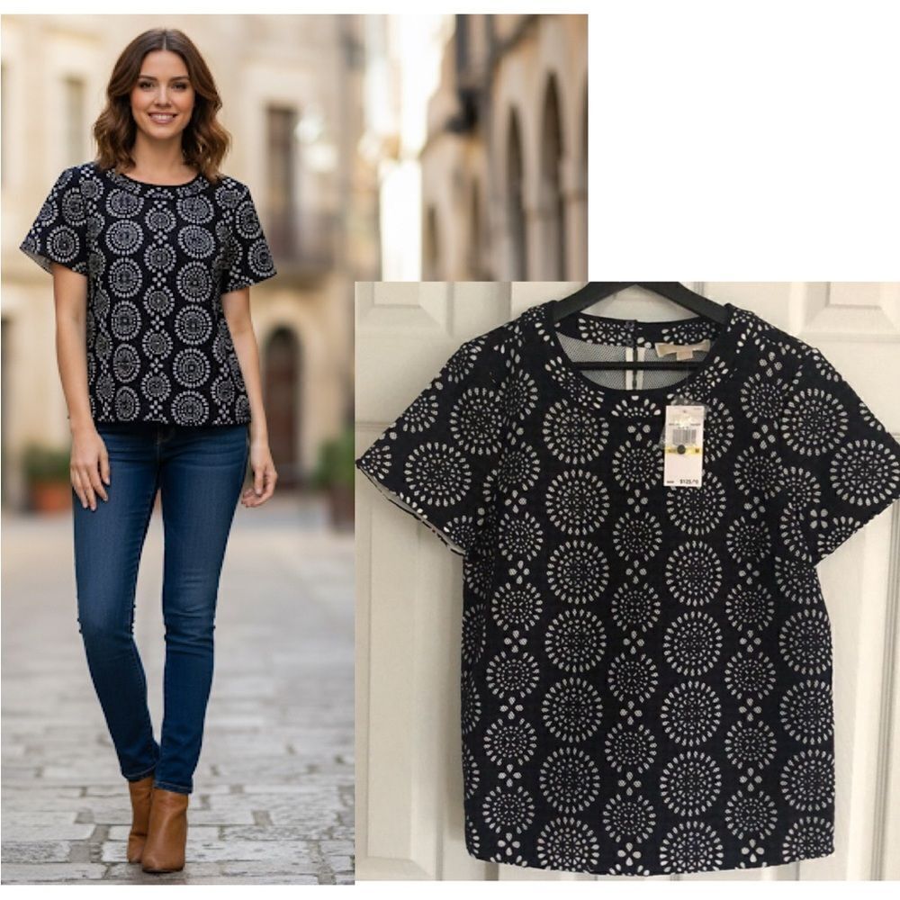 Michael Kors Navy & White Lace Perforated Top Size M